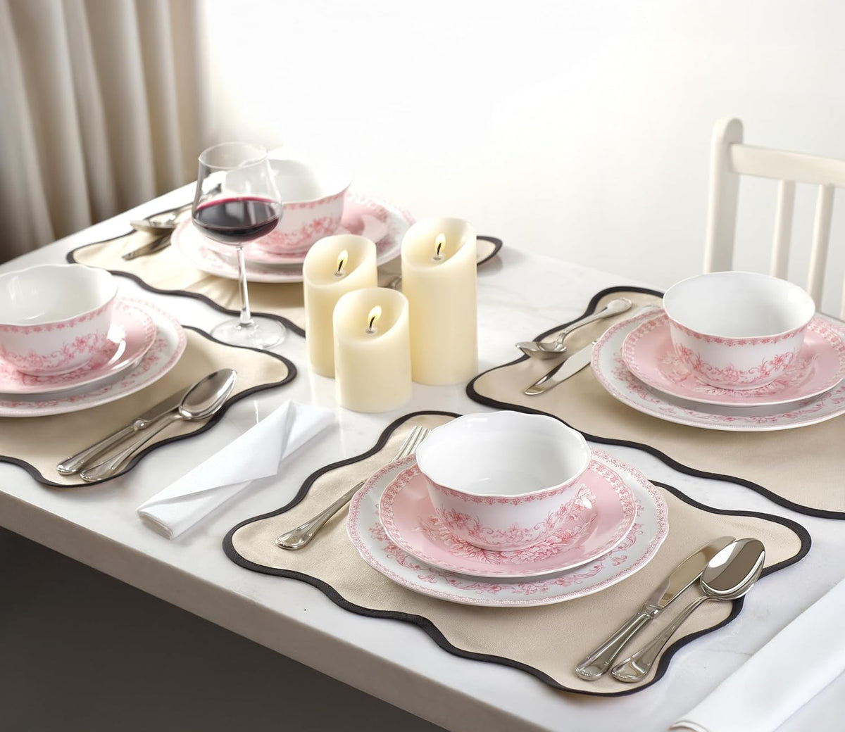 222 Fifth Genevieve 12-Piece Pink Porcelain Dinnerware Set | Microwave and Dishwasher Safe Big Dinner Plates and Bowls Sets for 4 | Chip-Resistant Blush Ceramic | Gifts for Housewarming & Wedding