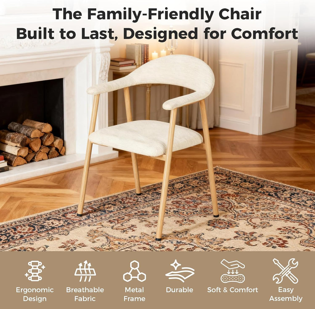 DUMOS Dining Chairs Set of 4, Linen Fabric Upholstered Kitchen Side Chairs with Curved Backrest & Metal Legs, Modern Farmhouse Accent Chairs for Dining Room Kitchen Living Room Cafe, Beige