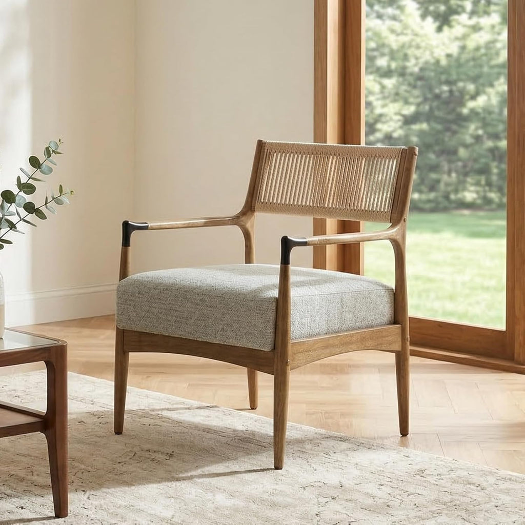 Ya-Home Mid-Century Modern Accent Chairs with Woven Rope Back, Upholstered Linen Fabric Armchairs with Solid Wood Frame for Living Room Bedroom, 2PCS, Patterned