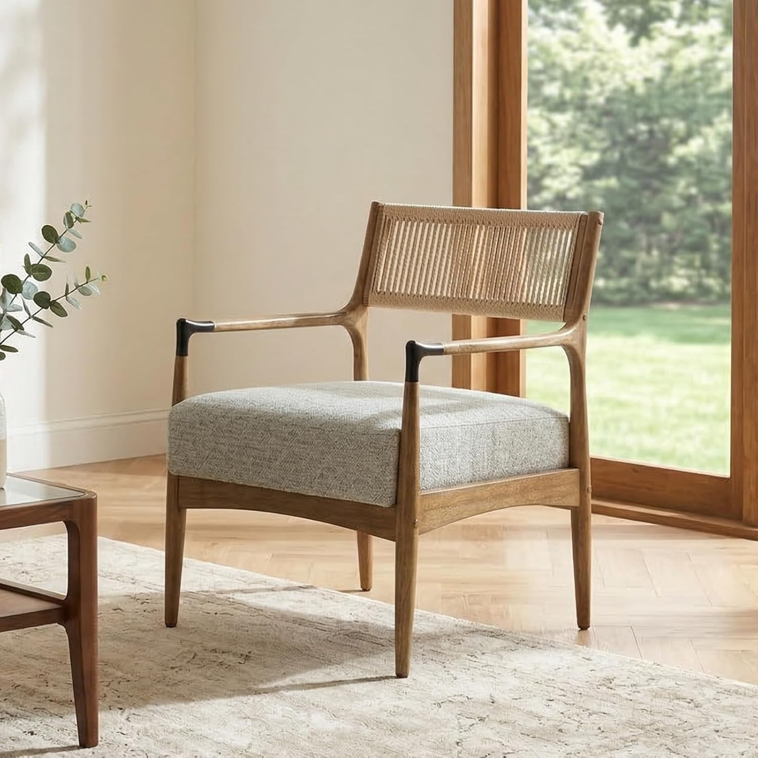 Ya-Home Mid-Century Modern Accent Chairs with Woven Rope Back, Upholstered Linen Fabric Armchairs with Solid Wood Frame for Living Room Bedroom, 2PCS, Patterned
