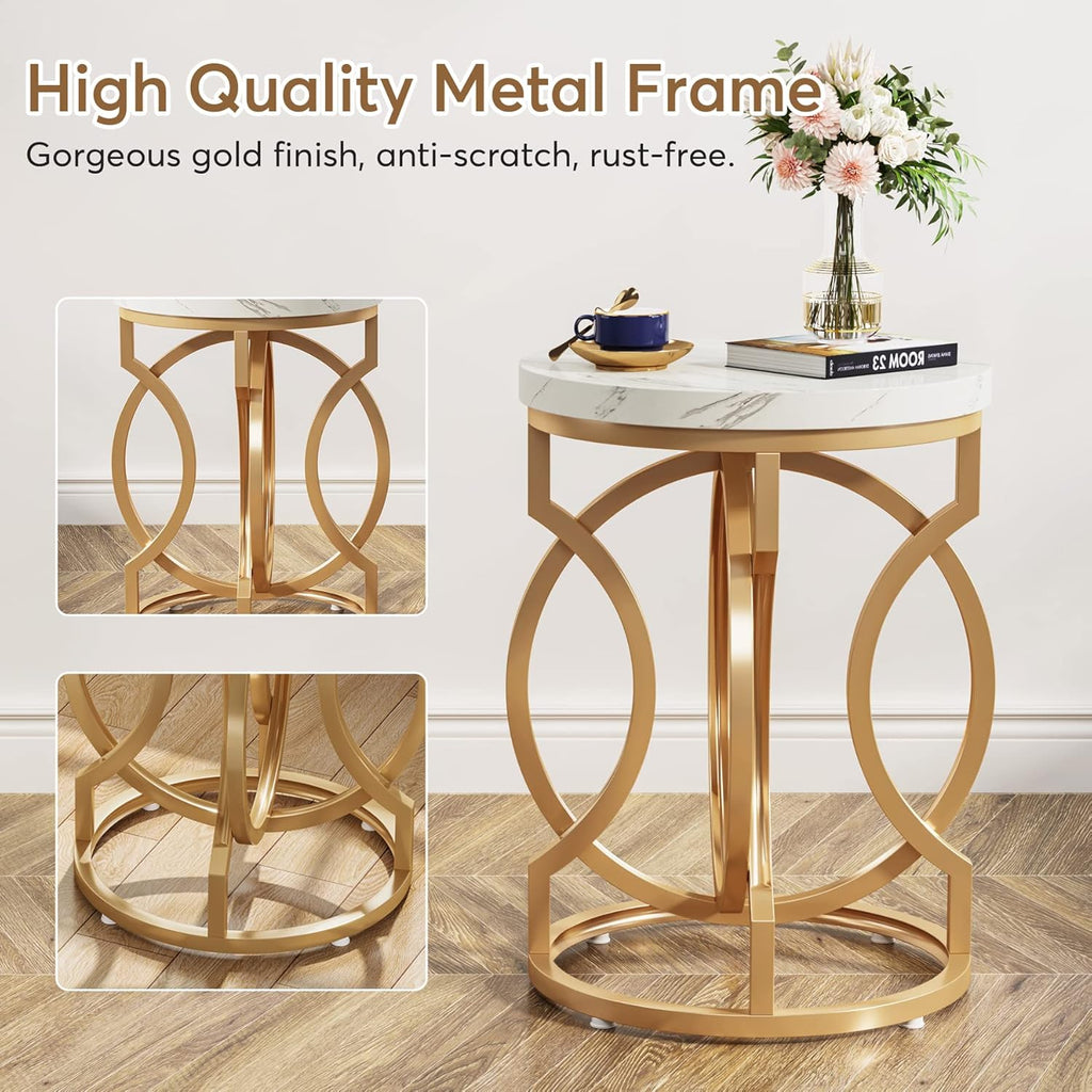 Tribesigns Modern Round End Table Set of 2 with Thickened Tabletop, 20" Gold Side Table with Unique O-Shaped Metal Base, Midcentury Nightstand for Living Room Bedroom, White + Gold