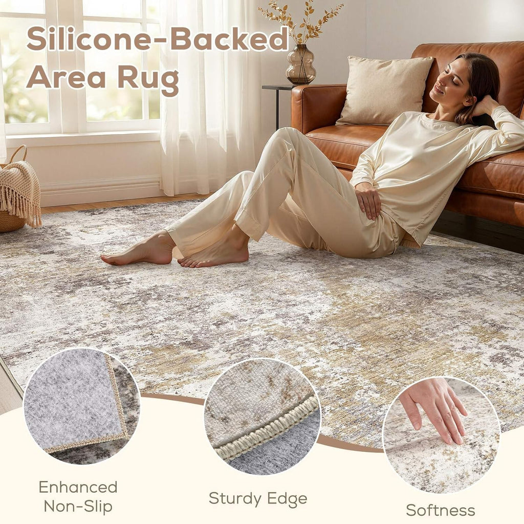 Nakagishi 10X14 Area Rugs for Living Room: Washable Modern Abstract Rug with Non-Slip Silicone Backing Low Pile Soft Carpet for Bedroom & Dining Decor Ideal for Families with Kids and Pets-Brown
