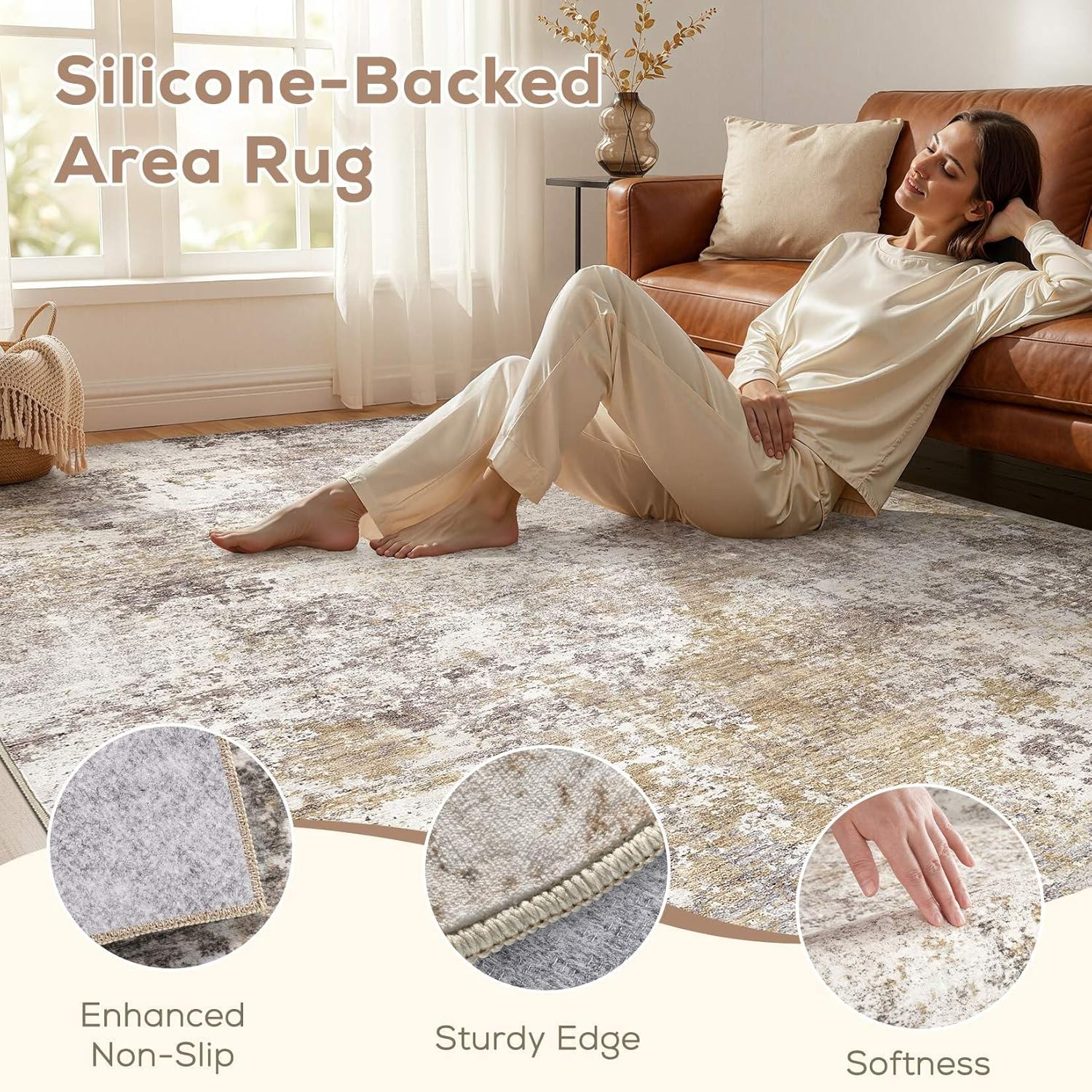 Nakagishi 10X14 Area Rugs for Living Room: Washable Modern Abstract Rug with Non-Slip Silicone Backing Low Pile Soft Carpet for Bedroom & Dining Decor Ideal for Families with Kids and Pets-Brown