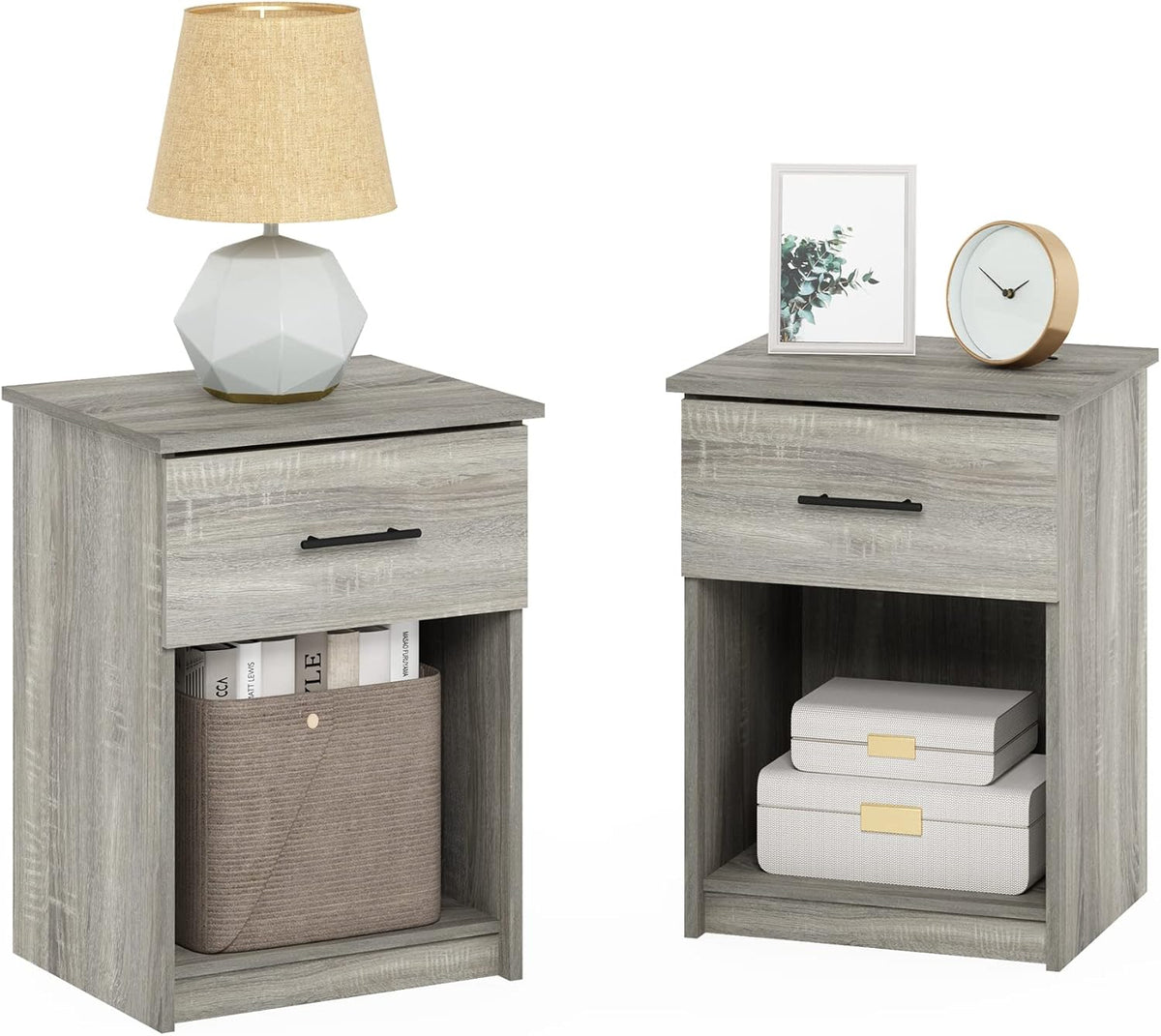 Furinno TIDUR Night Stand Set of 2, Modern Nightstand with Drawer, Bedside Table with Storage Shelf, End Table, Side Table, Bar Handle Drawer, for Bedroom, Closet, Dorm, Grey Oak