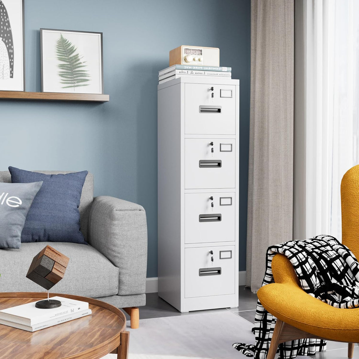 4 Drawer File Cabinet with Lock,White Metal Filing Cabinet for Home Office,Vertical Steel Storage Cabinet with Keys for Letter/A4 Size,14.96" W x 17.72" D x 55.2" H,Assembly Required