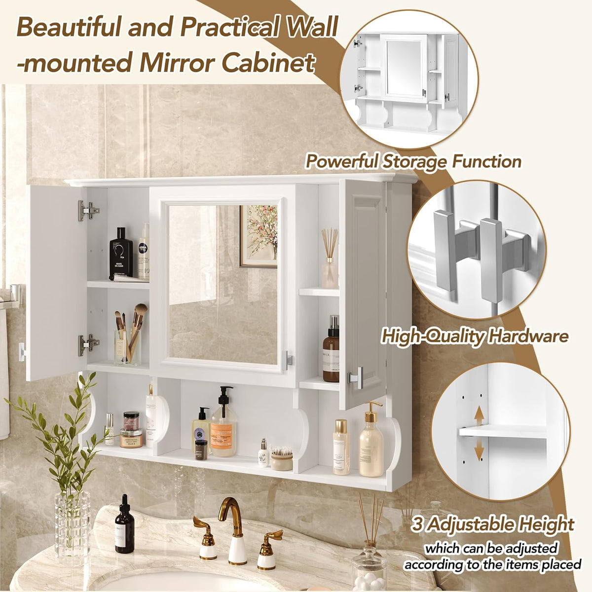 Merax Bathroom Wall Cabinet with Mirror, Wall Mounted Medicine Cabinet with Adjustable Shelves and Open Spaces, 35" x 28" Mirrored Door Over The Toilet Bathroom Storage Cabinet