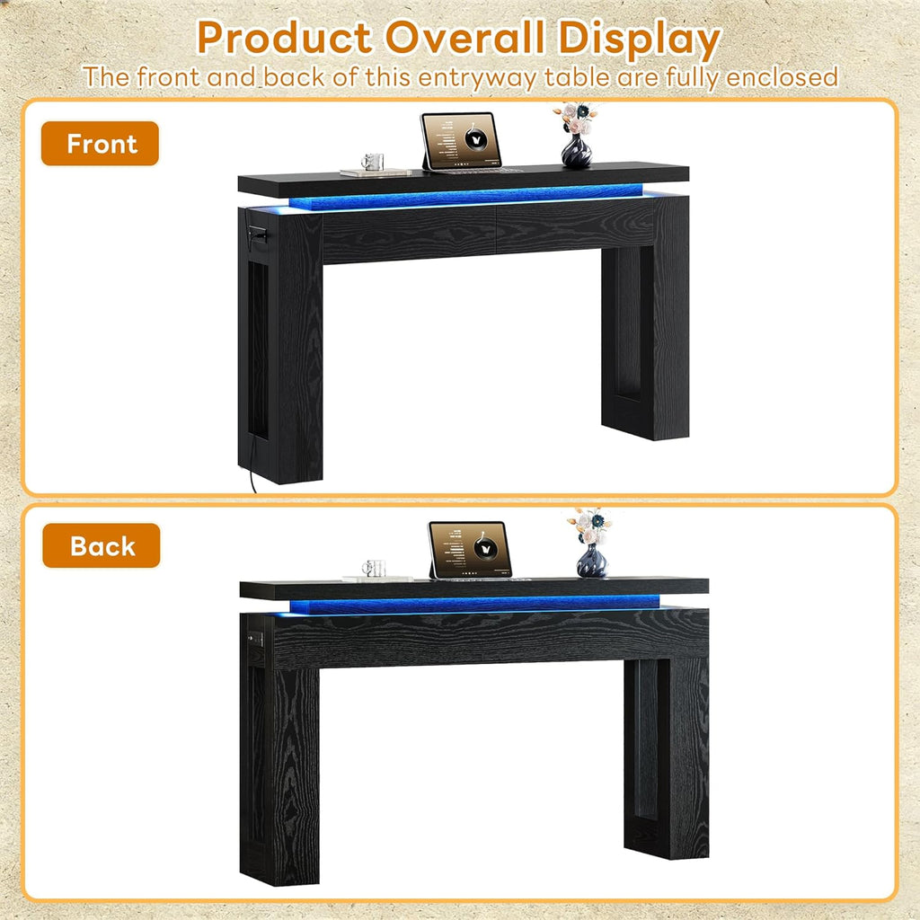 LIKIMIO Console Table with Drawers, Modern Entryway Table with LED Lights and Charging Station, Narrow Sofa Table with Storage Behind Couch for Entrance, Hallway, Living Room, Black