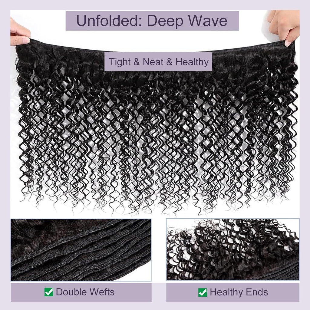 Deep Wave Human Hair Bundles, 22 24 26 Inch 13A Curly Bundles Human Hair, Wet and Wavy 100% Brazilian Virgin Quick Weave Deep Wave Bundle for Women, 300G