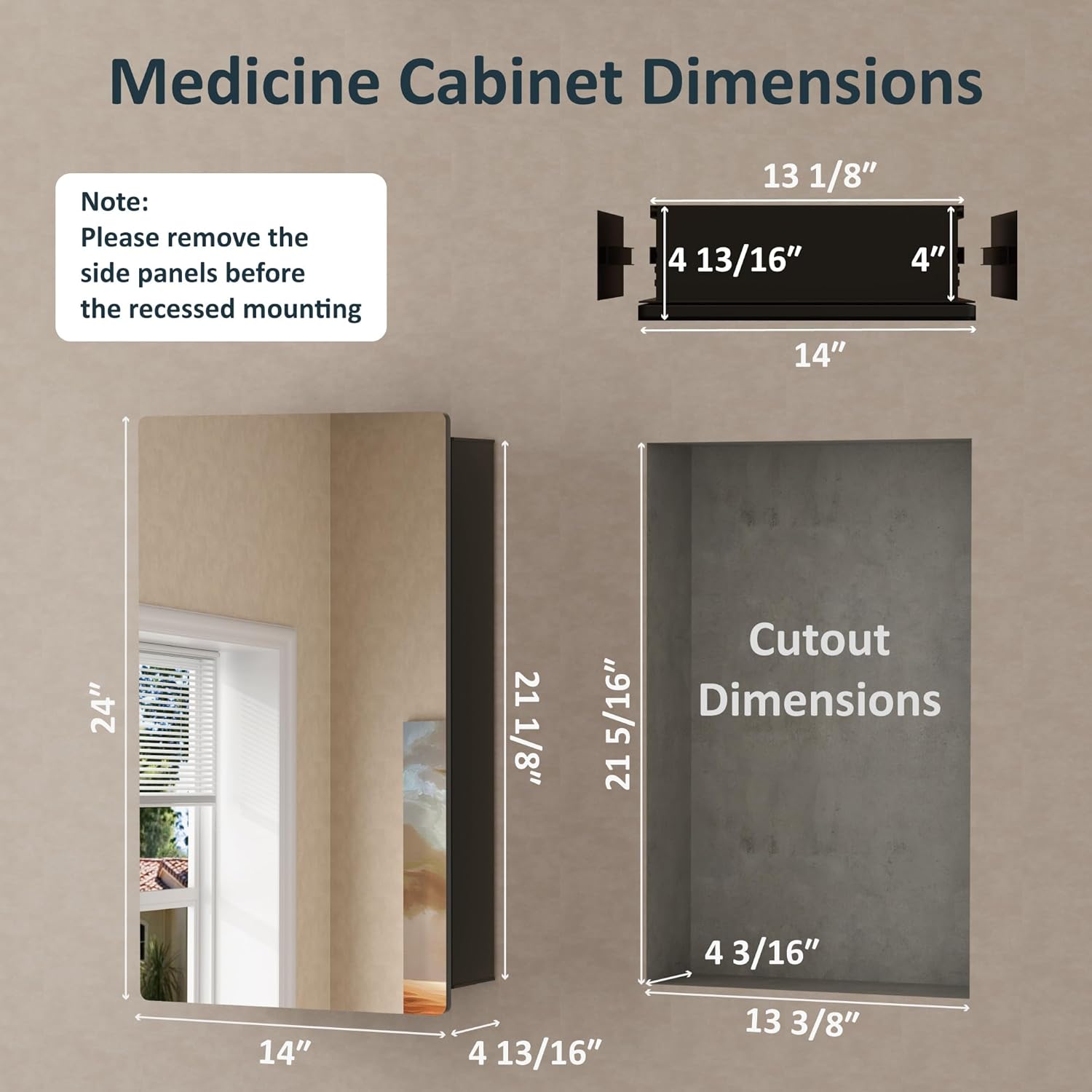 14”x24” Wall Mounted Medicine Cabinet with Mirror, 13.1” x 21.1” Recessed Bathroom Cabinets for Storage, Adjustable Tempered Glass Shelves, Soft-close DTC Hinges, HD Reflection, Pre-assembled, Black