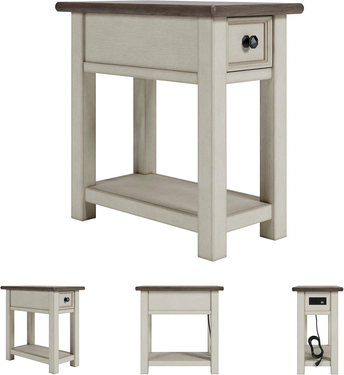 Signature Design by Ashley Bolanburg Chairside End Table With Charging Station, Two-Tone Wood Accent Table With Drawer Storage, Plank Top Design for Living Room or Bedroom, Antique White