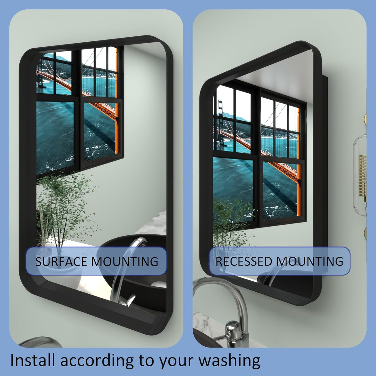16”Wx24”H Farmhouse Framed Medicine Cabinet with Mirror, Matte Black Finish, Recessed or Surface Mount, Adjustable Shelves, Rounded Rectangle Bathroom Medicine Cabinet,Install Left or Right