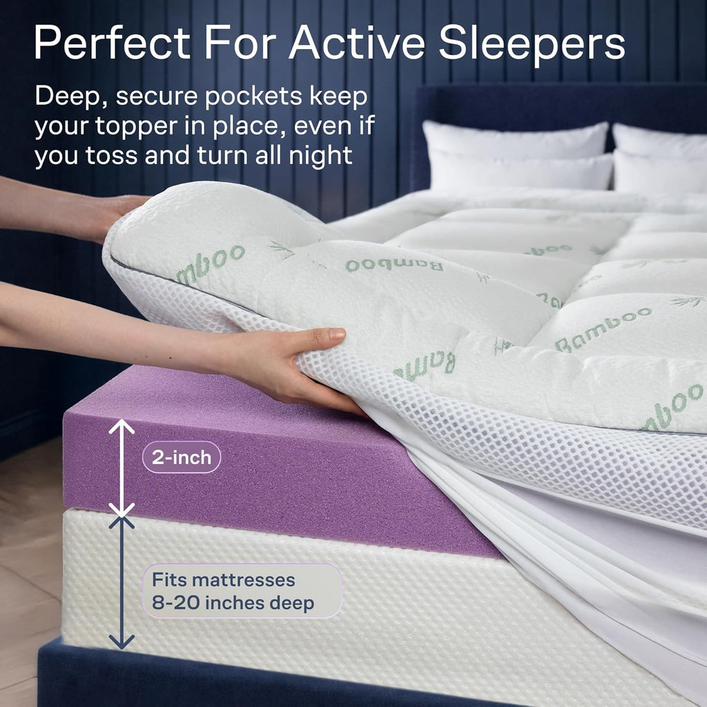 Dual-Layer 4 Inch Queen Size Mattress Topper - 2” Memory Foam + 2” Viscose Made from Bamboo Mattress Pad - Double the Comfort & Back Support - Removable & Machine-Washable Cover, Green