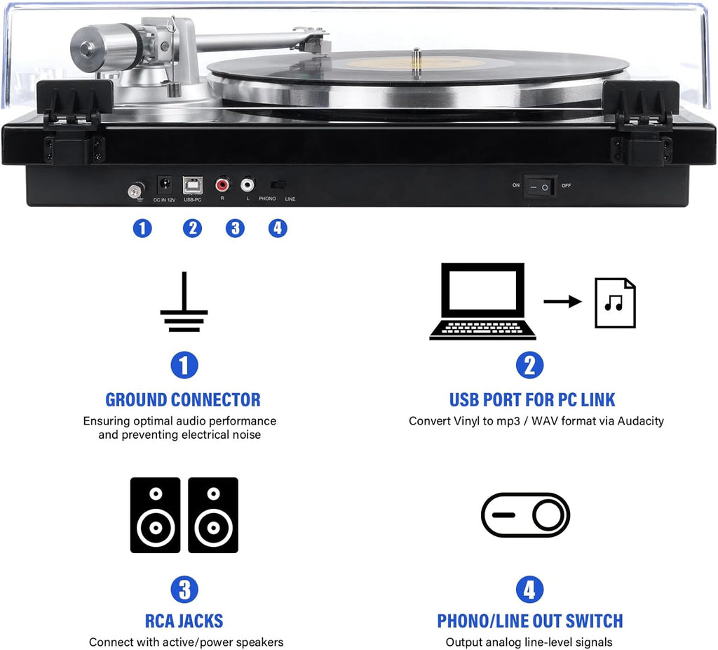 Belt Drive Turntable for Vinyl Record Player, Bluetooth Output, Built-in Phono Preamp, USB Digital Output, Magnetic Cartridge, 33/45 RPM, High-Gloss Wood Design, No Built-in Speakers