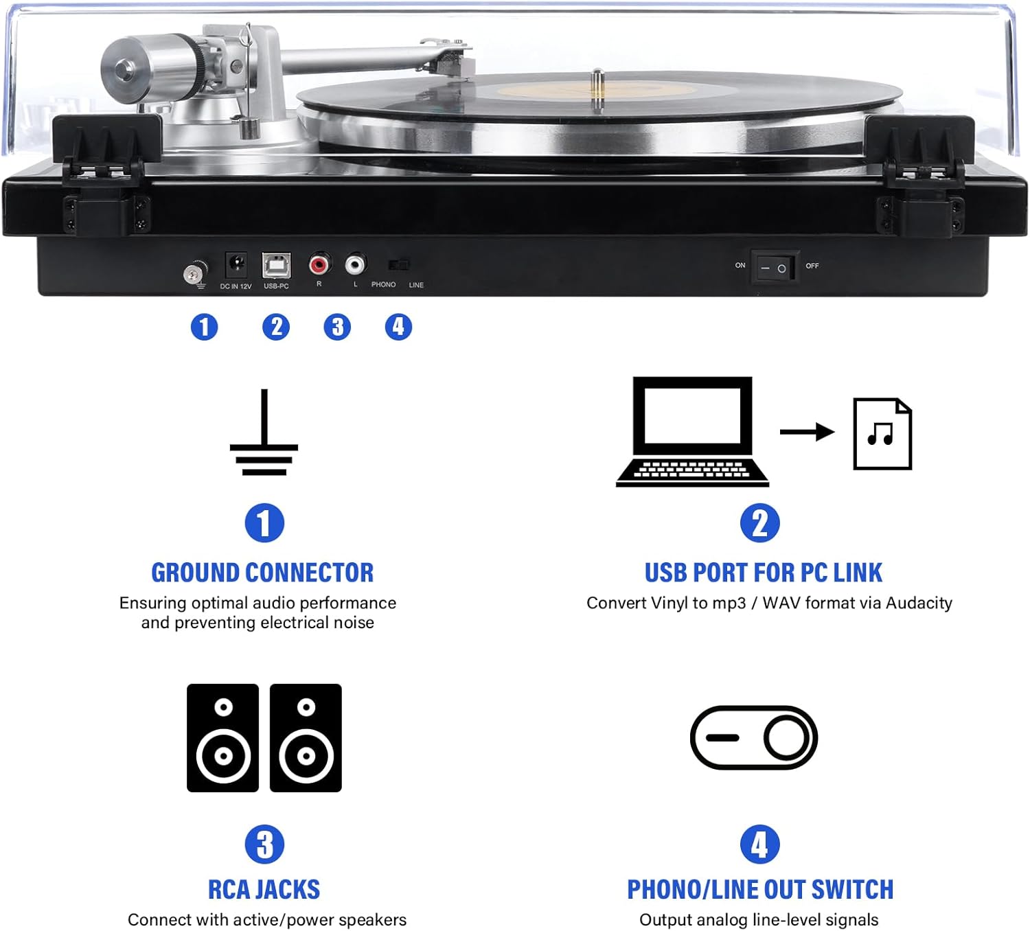 Belt Drive Turntable for Vinyl Record Player, Bluetooth Output, Built-in Phono Preamp, USB Digital Output, Magnetic Cartridge, 33/45 RPM, High-Gloss Wood Design, No Built-in Speakers