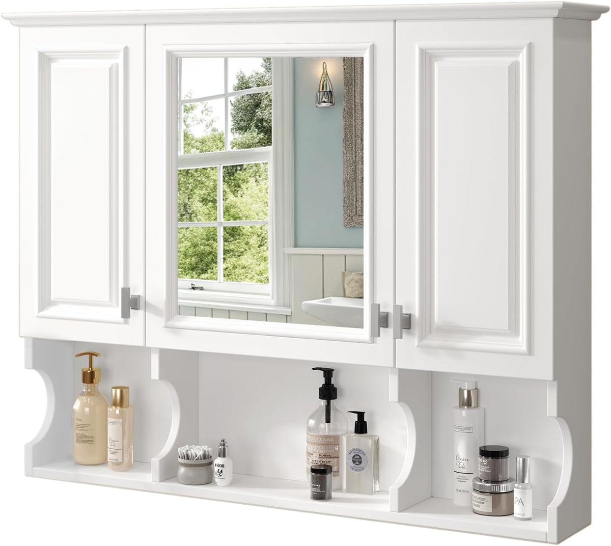 Merax Bathroom Wall Cabinet with Mirror, Wall Mounted Medicine Cabinet with Adjustable Shelves and Open Spaces, 35" x 28" Mirrored Door Over The Toilet Bathroom Storage Cabinet