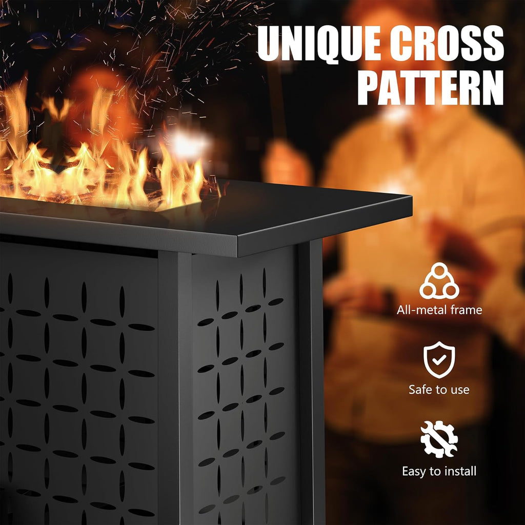 Vongrasig 43" Gas Fire Pit for Outside, 50,000 BTU Outdoor Propane Fire Pit Table with Lid & Lava Rock, Steel Rectangular Fire Table for Patio, Backyard, Deck, Garden, Black