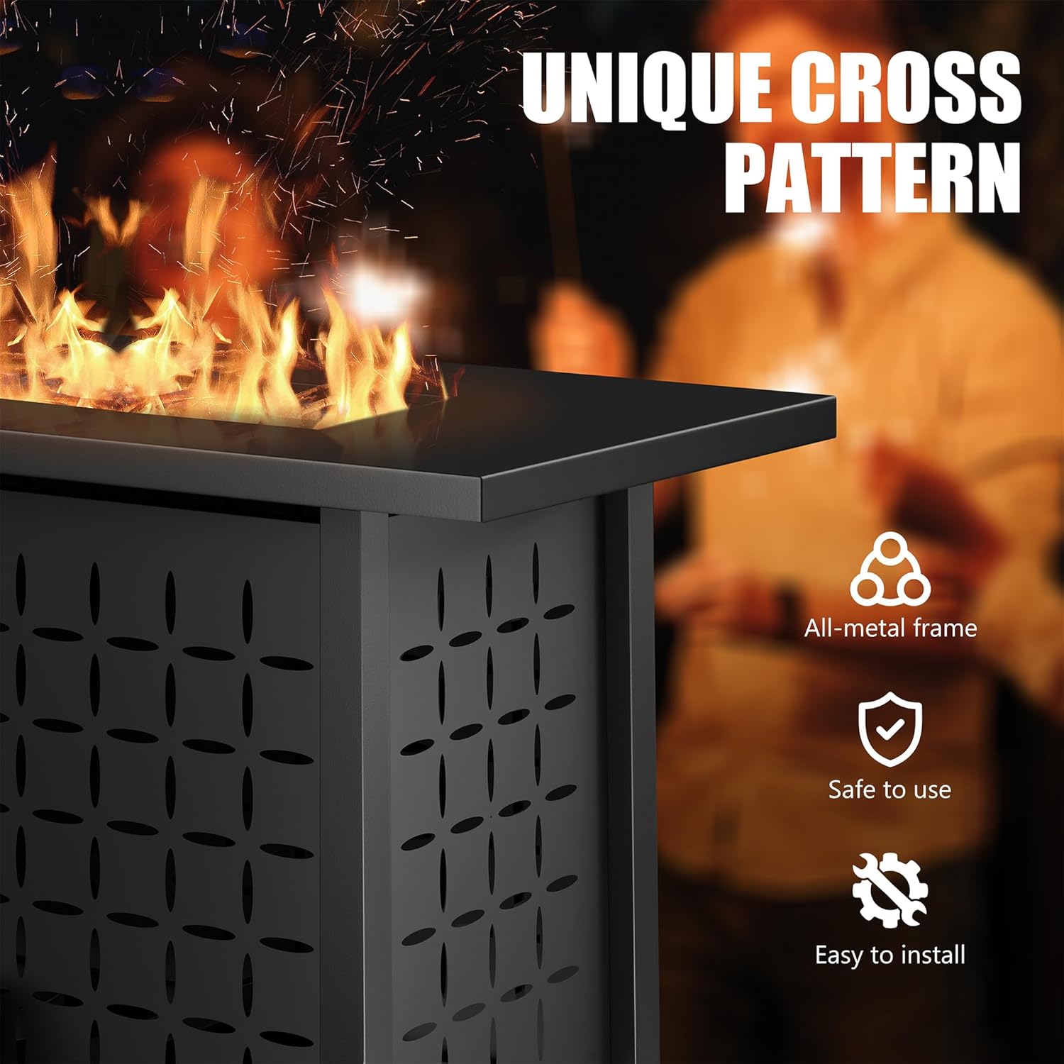 Vongrasig 43" Gas Fire Pit for Outside, 50,000 BTU Outdoor Propane Fire Pit Table with Lid & Lava Rock, Steel Rectangular Fire Table for Patio, Backyard, Deck, Garden, Black