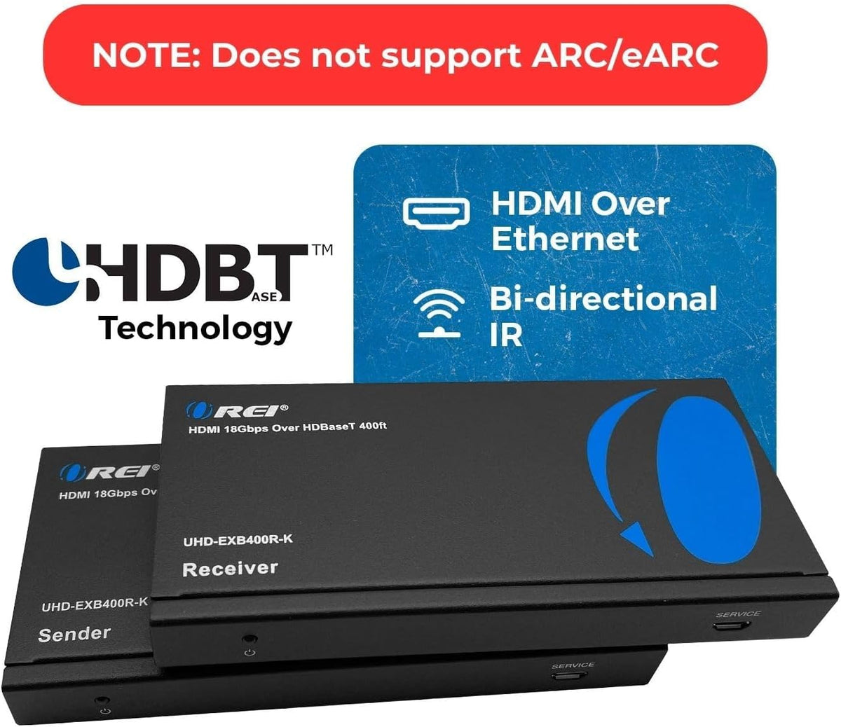 OREI 4K HDMI over Ethernet Extender Balun - HDBaseT UltraHD 4K @ 60Hz 4:4:4 CAT5e/6/7 Cable with HDR, CEC & IR Control, RS-232 Up to 400 Ft Loop Out POC Audio Out (UHD-EXB400R-K)