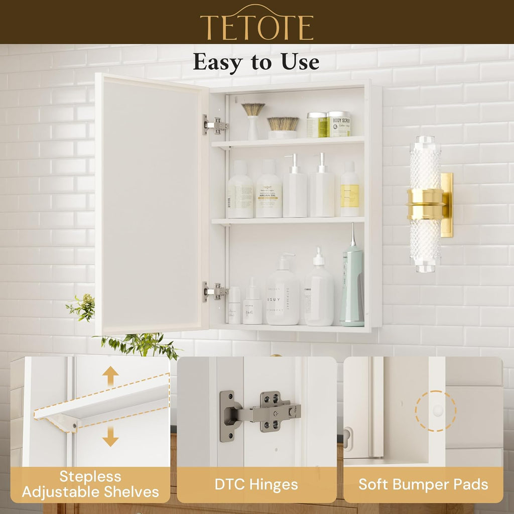 TETOTE 16" x 24" Medicine Cabinets for Bathroom with Tempered Mirror Recessed Medicine Cabinet with Aluminum Beveled Frame, Stepless Adjustable Shelves, DTC Hinge
