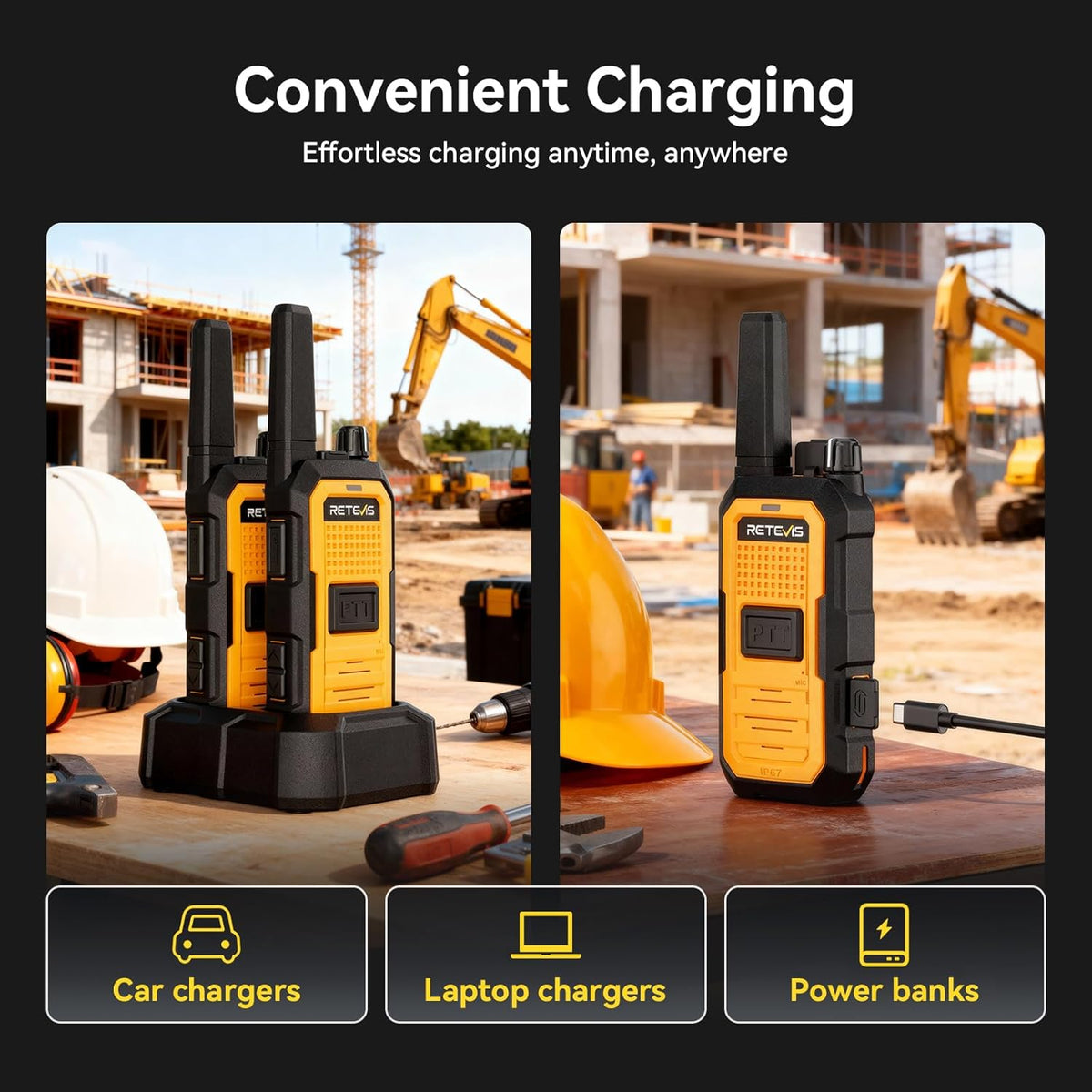 Retevis RB48A Industrial Walkie Talkies with Speaker Mic, IP67 Waterproof Noise Reduction 2 Way Radios Long Range, Oversized Front PTT, Antenna ID Rings, 1000 mW Speaker, 23-Hour Battery(4 Pack)