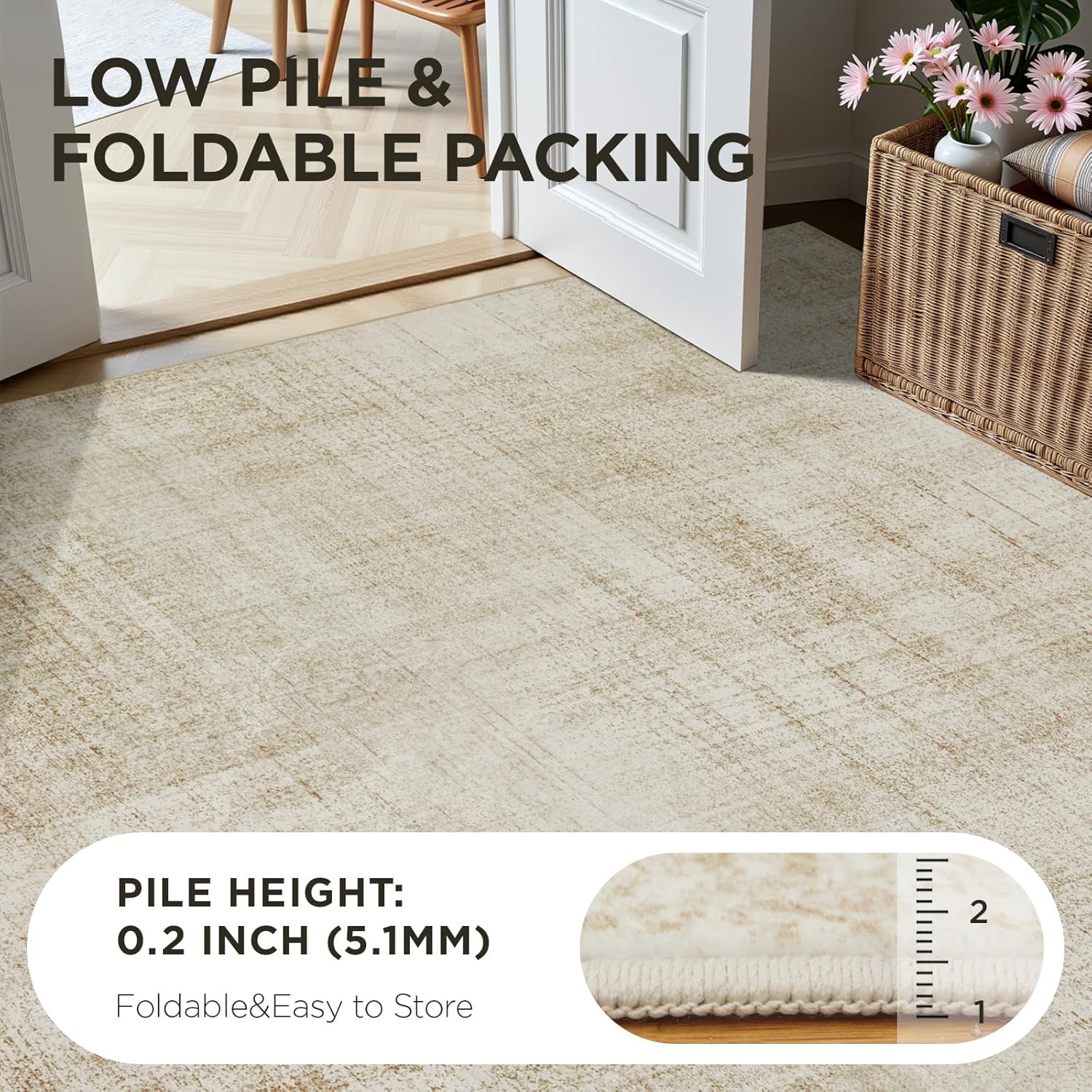 Joydeco 10x14 Area Rugs for Living Room, Non Slip Machine Washable Vintage Rug, Low Pile Chenille Print Rugs for Bedroom, Dining Room, Home Office, Pet & Child Friendly, Beige