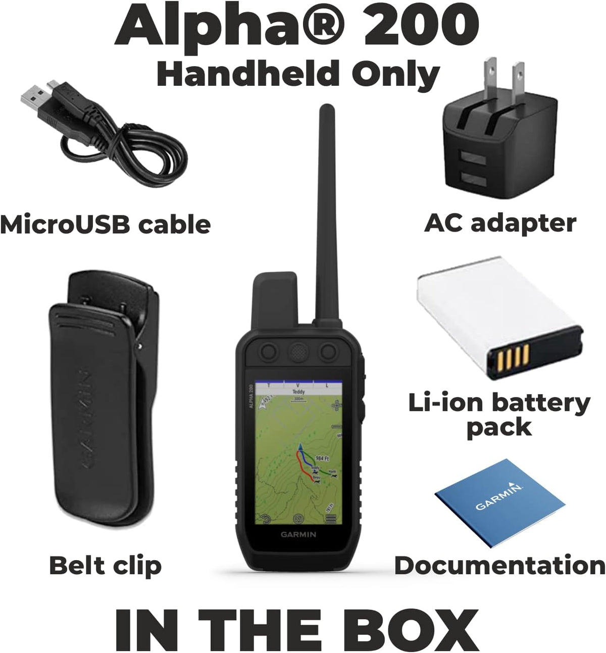 Garmin Alpha 200 Handheld, Tracking and Training for Your Dogs, Sun-Light Readable Touchscreen and 6 Button Design, High-Sensitivity GPS with Whistle and Leash Bundle