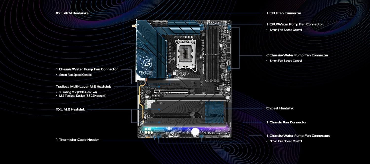 ASRock Z790 Riptide WiFi LGA1700 ATX Motherboard | Supports 14th/13th/12th Gen Intel | DDR5 8000+ (OC) | PCIe 5.0 | WiFi 7 | 8 SATA | 16+1+1 Power Phase | Killer 2.5G LAN