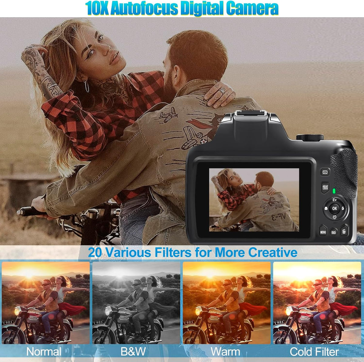 4K Digital Camera for Photography with WiFi, 10X Optical Zoom Vlogging Camera for YouTube 64MP Autofocus Compact Camera with 64GB SD Card 2 Batteries, USB Card Reader & Charging Stand Videorecorders