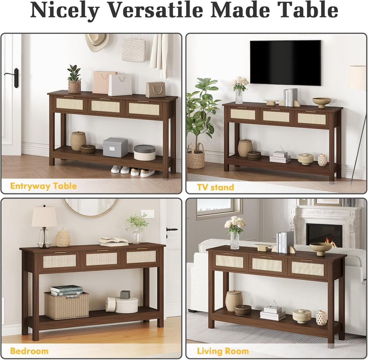 Luoxiao Console Table for Entryway with 3 Rattan Drawers Boho Entry Table with Storage Open Shelf, Narrow Long Sofa Tables for Living Room, Hallway, Foyer, Couch, Front Door, Walnut, 47 Inch