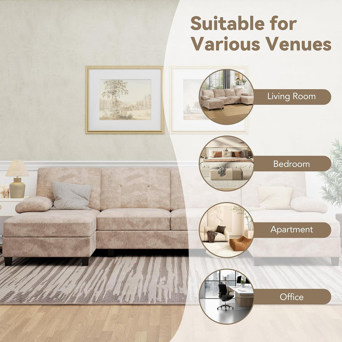 U-Shaped Sectional Couches for Living Room, 4 Seat Sofa with Double Chaise Lounges,Solid Wood Frame Sectional Sofa for Apartment,Beige