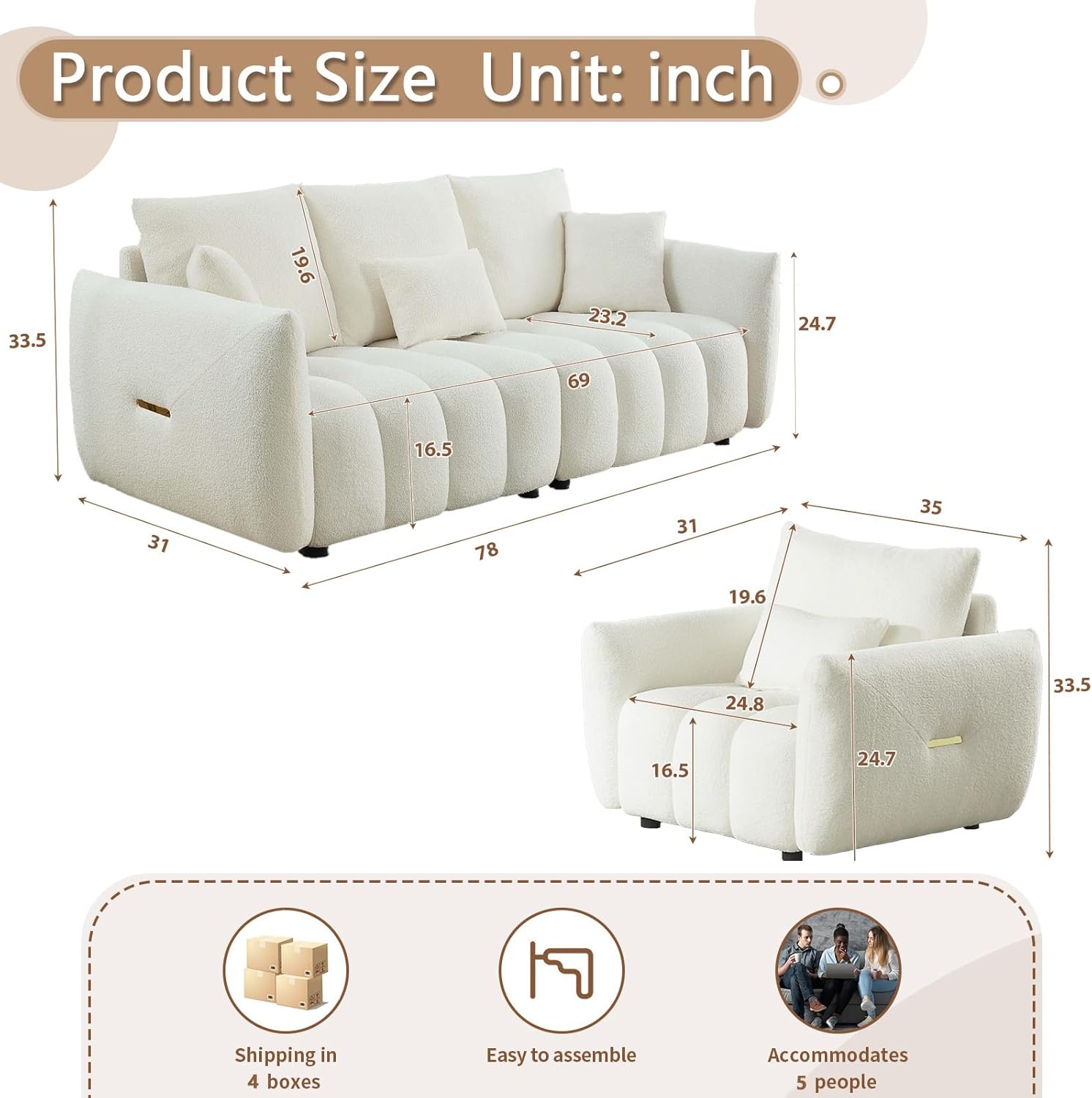 Antetek Set of 3 Teddy Sofa for Living Room, Modern 2 Units Deep Seat Sofa Chairs and an Oversized 3-Seater Cloud Boucle Couch for Bedroom, Office, Apartment, Furniture Set, Beige (3 Pieces)
