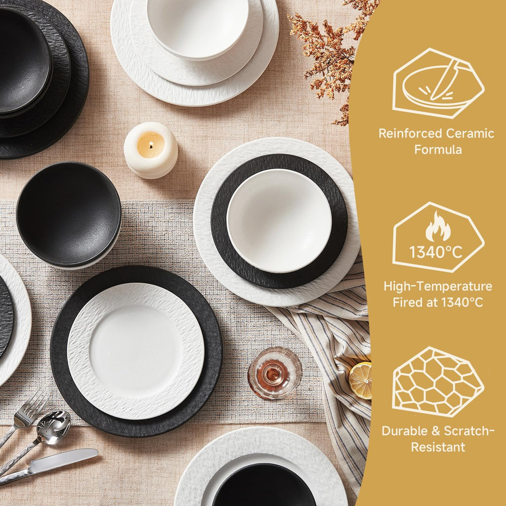 KINGSTONE Dinnerware Sets, 12-Piece Premium Porcelain dishes set, Matte Marble Pattern Plates and Bowls Sets for 4, Place Setting with Dinner Plate, Salad Plate, Pasta Bowl (Black)