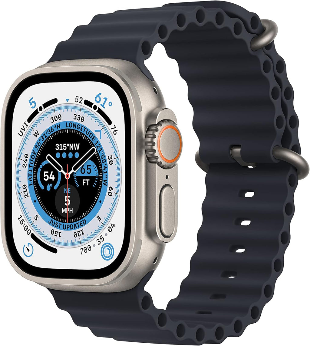 Apple Watch Ultra GPS + Cellular 49mm Titanium Case with Midnight Ocean Band, One Size (Renewed)