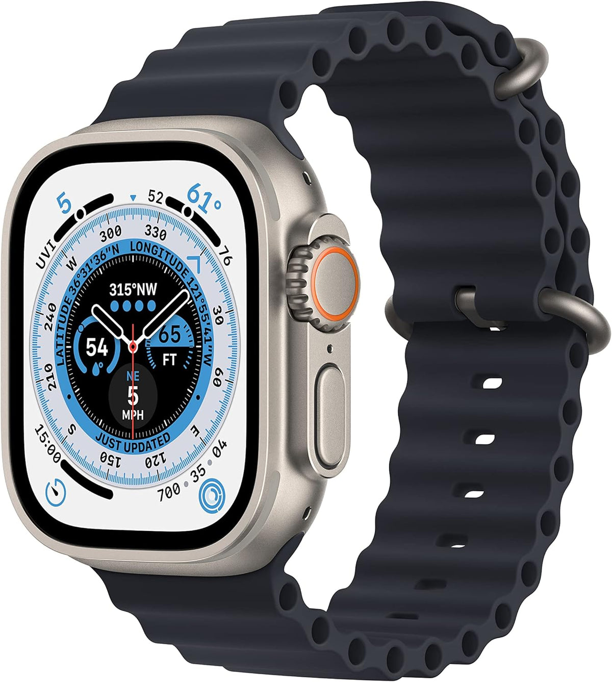 Apple Watch Ultra GPS + Cellular 49mm Titanium Case with Midnight Ocean Band, One Size (Renewed)