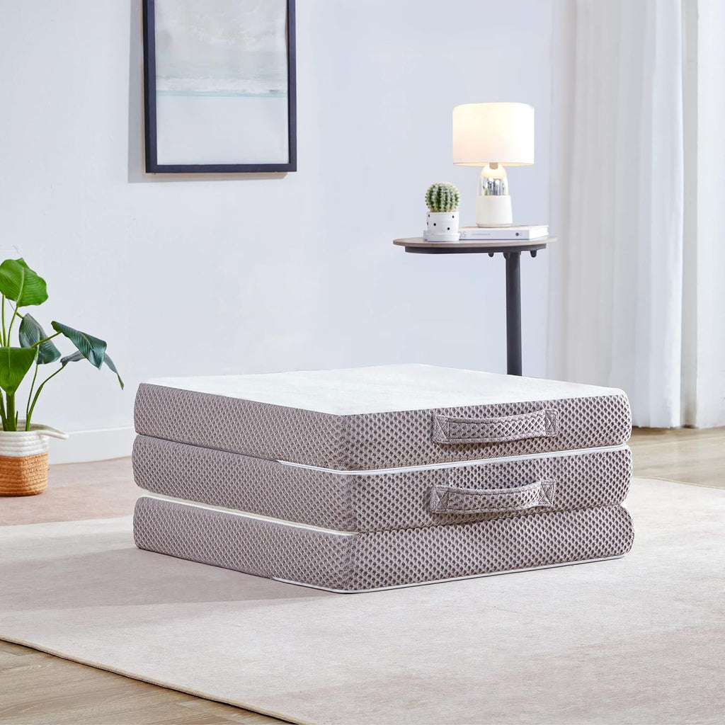 Kingfun Foldable Mat 3.8 Inch Folding Topper Tri-fold Gel Memory Foam Breathable with Storage Bag, Portable Floor Guest Mat Soft for Sleeping Camping, Gray, Queen Size