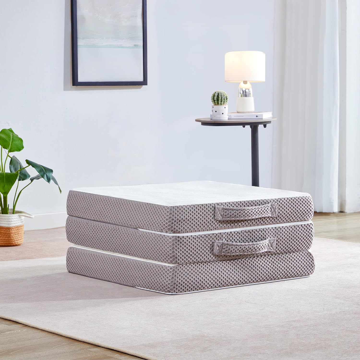 Kingfun Foldable Mat 3.8 Inch Folding Topper Tri-fold Gel Memory Foam Breathable with Storage Bag, Portable Floor Guest Mat Soft for Sleeping Camping, Gray, Queen Size