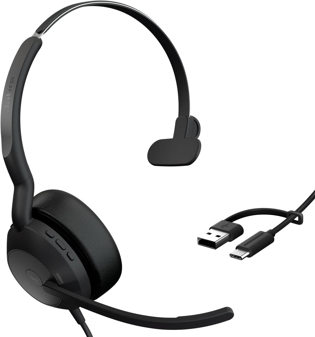 Jabra Evolve2 50 Wired Single-Ear Headset - Noise Cancelling Headphones, Bluetooth Headset for Work with Noise Cancelling Microphones, Works with Online Meeting Platforms Like Zoom & Google, Black