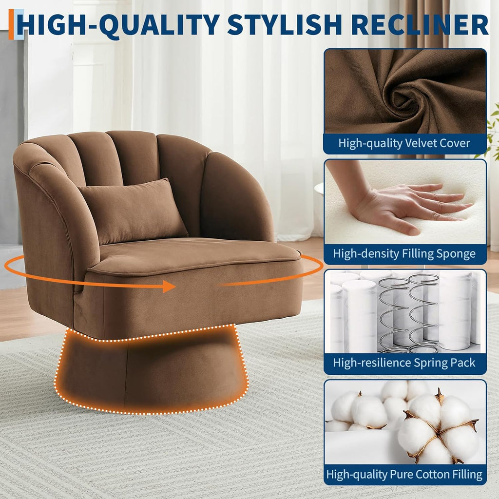 GarveeHome Modern Swivel Barrel Accent Chair, 360 Degree Velvet Upholstered Armchair with Striped Backrest & Plush Padding, Comfy Round Lounge Chair for Living Room, Bedroom, Reading Nook, Brown