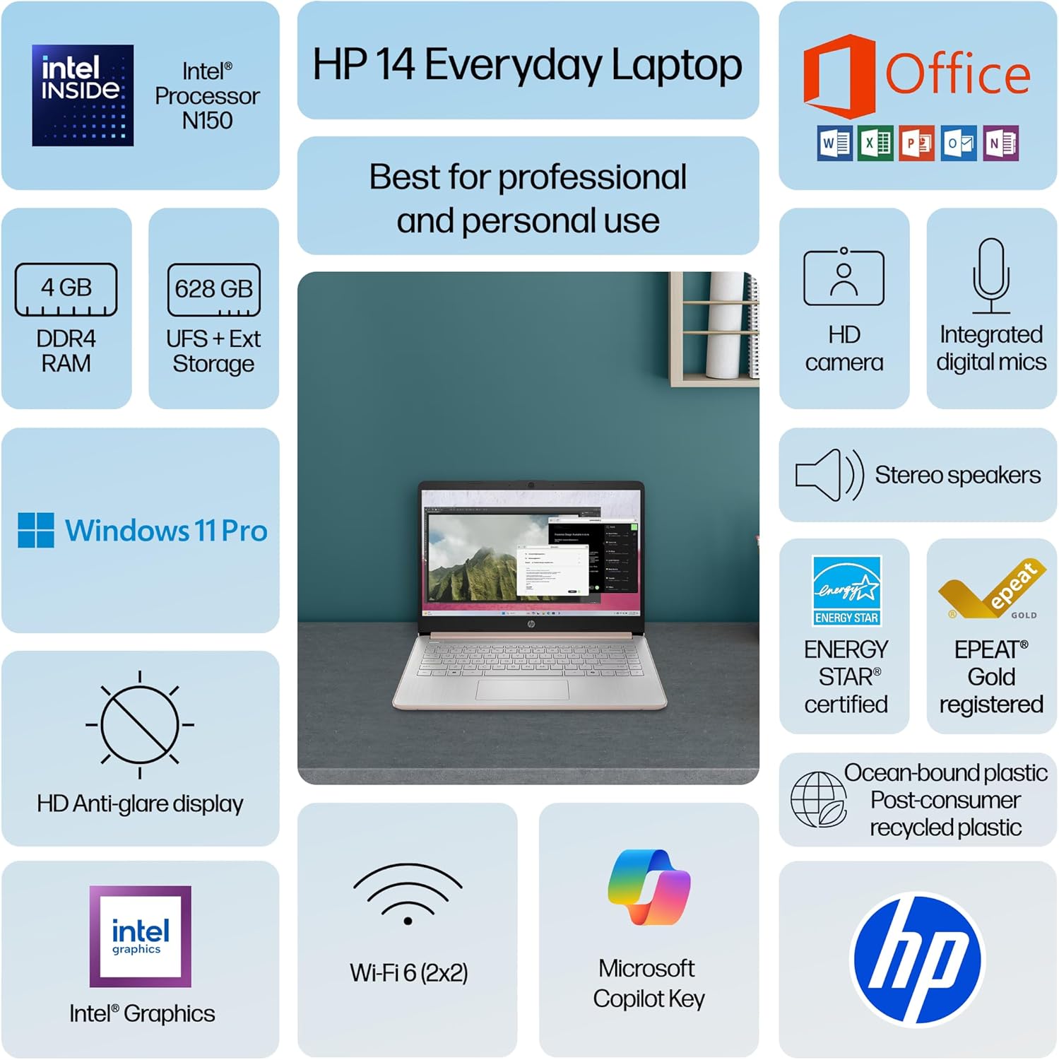 HP 14” Laptop Ultra-Portable Computer 2026 Student Business, MS Office, Copilot AI, Intel 4-Core CPU, 4GB RAM, 628GB Storage (128GB UFS+500GB Ext), Long Battery, MaxsolAccessory, Win 11 Pro, Rose Gold