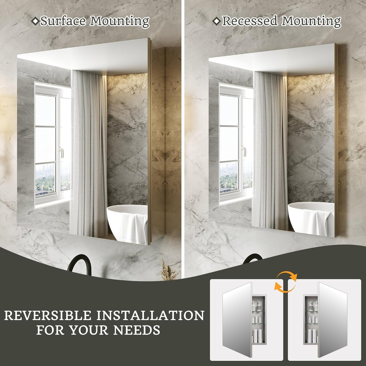 20x24 Bathroom Medicine Cabinet with Mirror,Aluminum Alloy Frame with Mirror Side Panels,Surface or Recessed Medicine Cabinet with Adjustable Shelves,Assembly Required