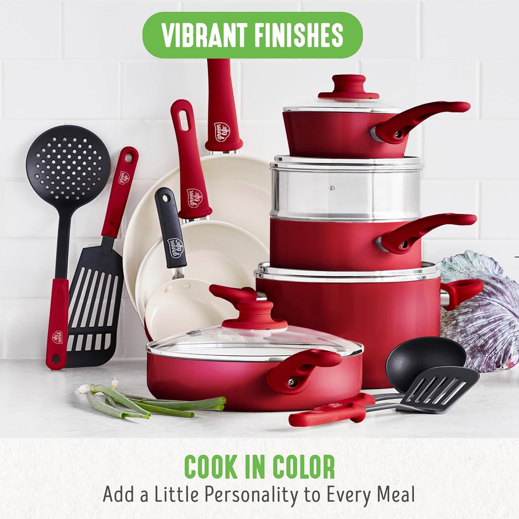 GreenLife 16 Piece Nonstick Cookware Set, Soft Grip Non-Toxic PFAS-Free Ceramic Pots & Pans, Dishwasher & Oven Safe, Frying, Sauce, Saute, Utensils, Glass Lids, Stay-Cool Handles, Wobble Free, Red