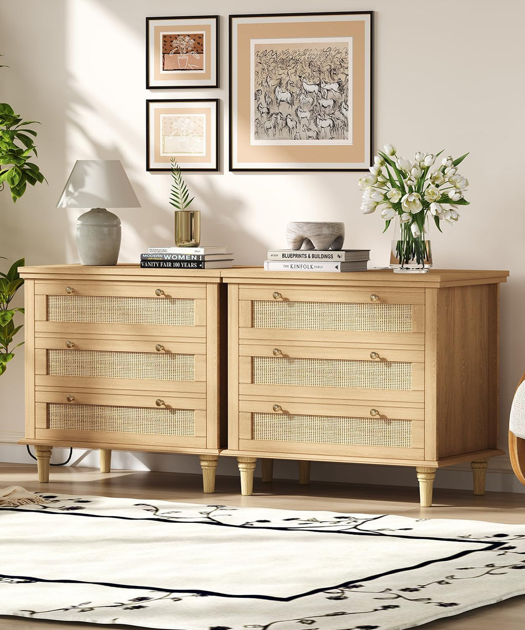 Keehusux 27.6" W Rattan Nightstand with 3 Drawers, Large Night Stand with Charging Station, Boho Bedside Table with Round Handles, Wooden End Table for Bedroom, Natural Oak