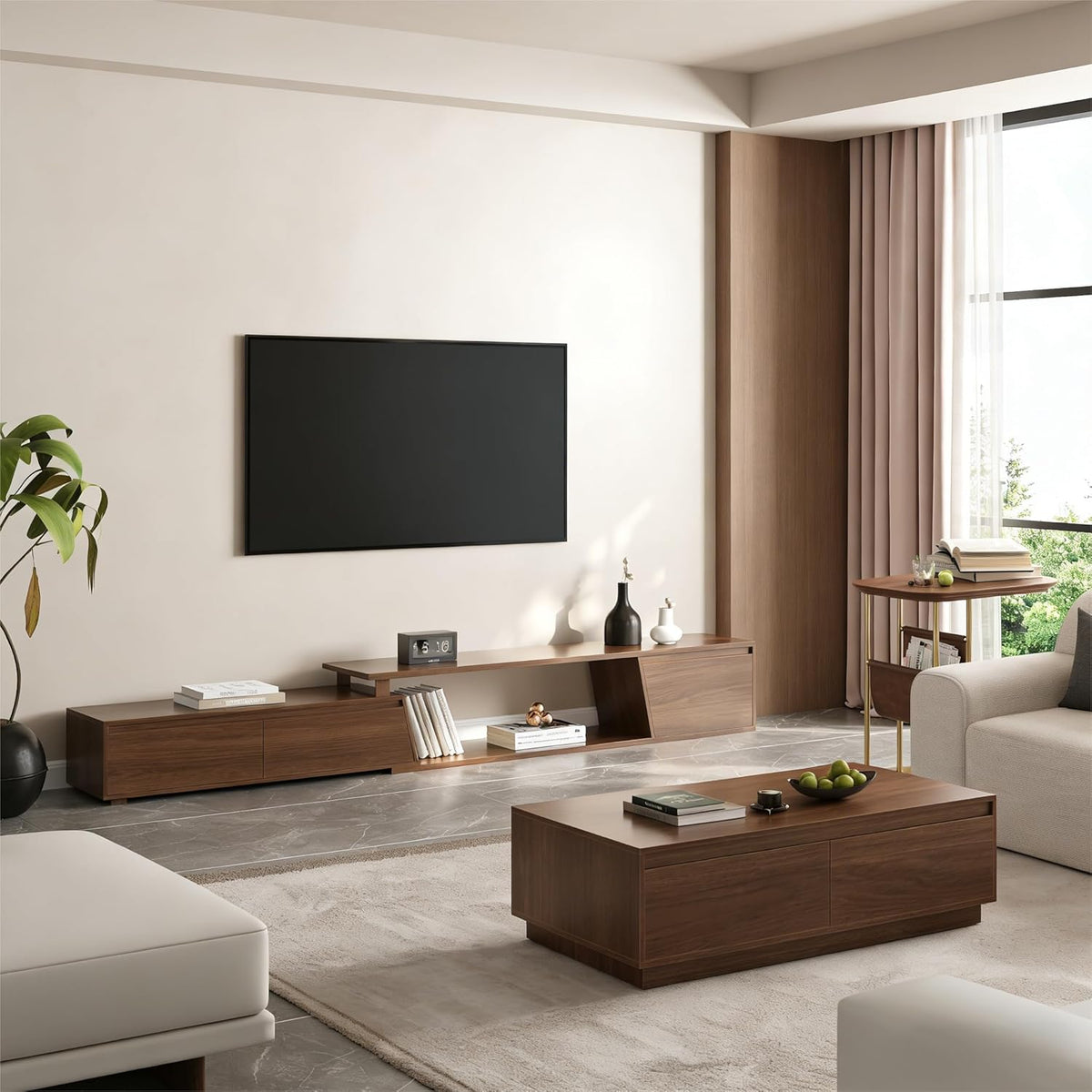 homary Living Room Furniture Set 3 Piece – Modern Coffee Table Set with TV Stand & C-Shaped Side Table, Wood Entertainment Center with Storage for Apartment & Home (Set-A)