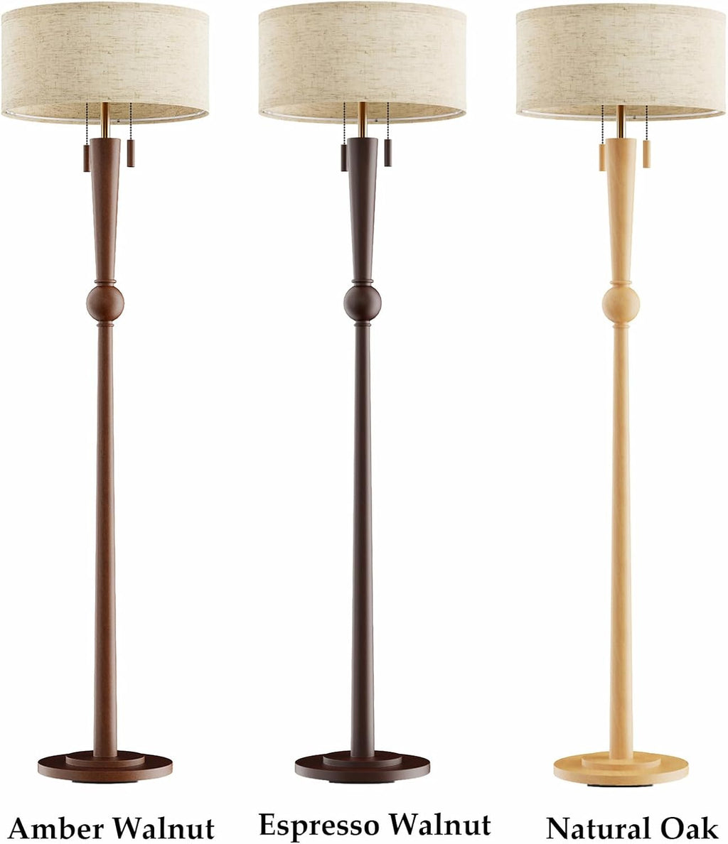 MOFFE 62.8" Solid Wood Floor Lamp,Tall Standing Floor Lamp with 2-Light Pull Chain, 17" Linen Drum Shade, Sculptural Wood Base & Stem,Transitional Floor Lamp for Living Room Bedroom, Includes 2 Bulbs