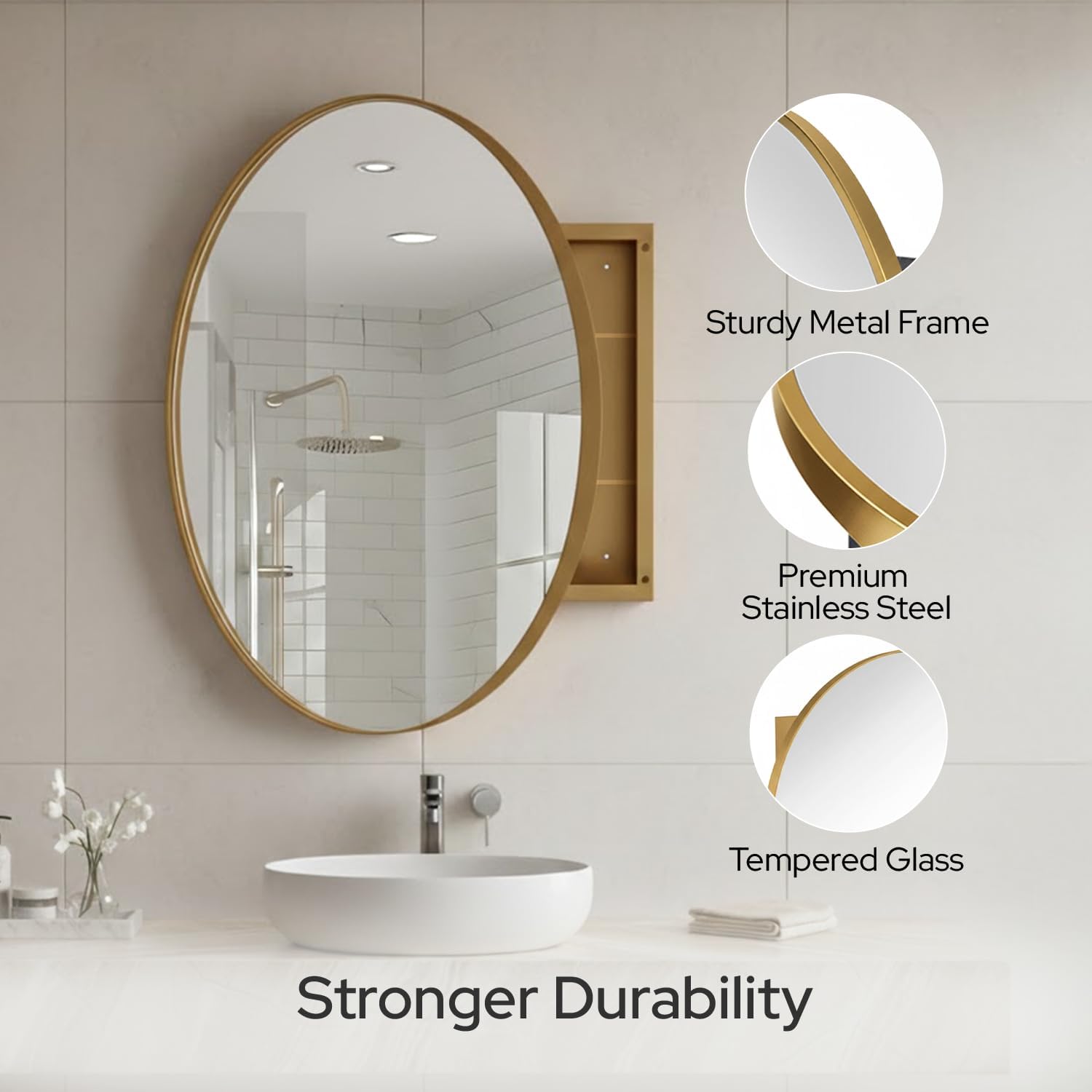 HOUSE REFLECTION 28 Inch Round Medicine Cabinets for Bathroom – Metal Frame, Adjustable Glass Shelves, HD Distortion Free Mirror Glass, Rust Resistant & Moisture-Proof, Mirrored Cabinet Door,Gold