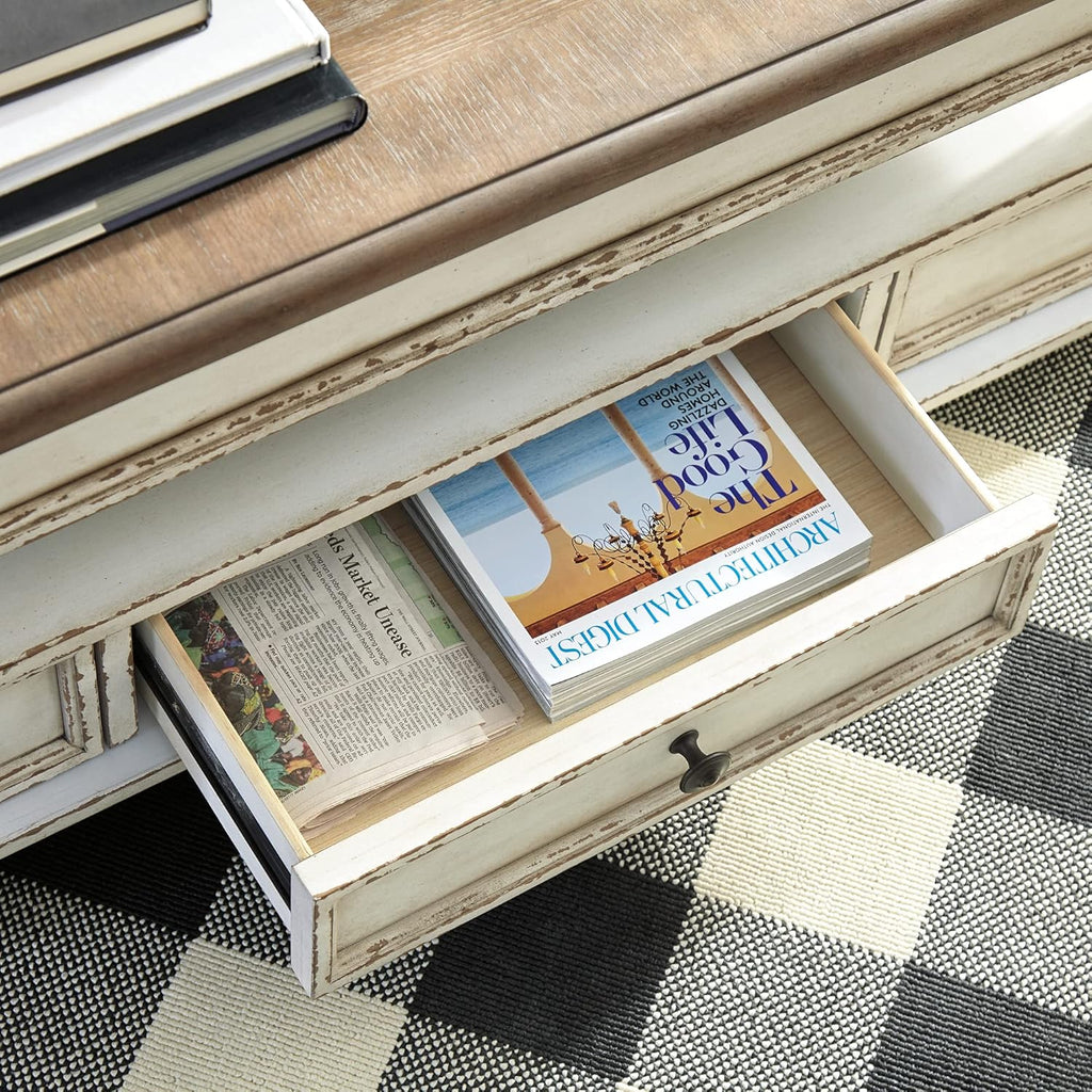 Signature Design by Ashley Realyn French Country Chair Side End Table, Cabinet Storage with Shelf, Outlets and USB Ports, Wood, 14" W x 24" D x 23.13" H, Cream