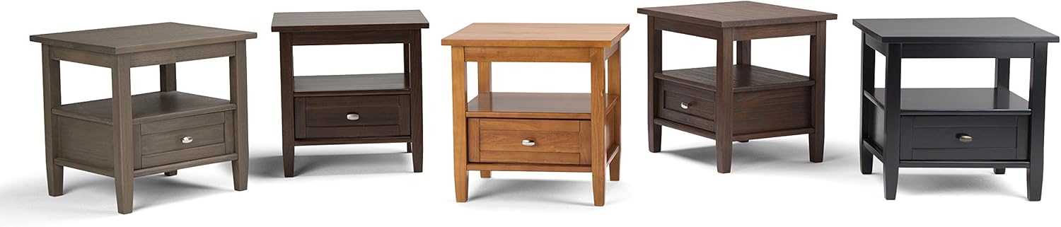 SIMPLIHOME Warm Shaker End Table - 20" Wide x 20" High Solid Wood Side Table in Black, Transitional Accent Table for Living Room or Bedroom with Drawer, Open Shelf and Square Tapered Legs