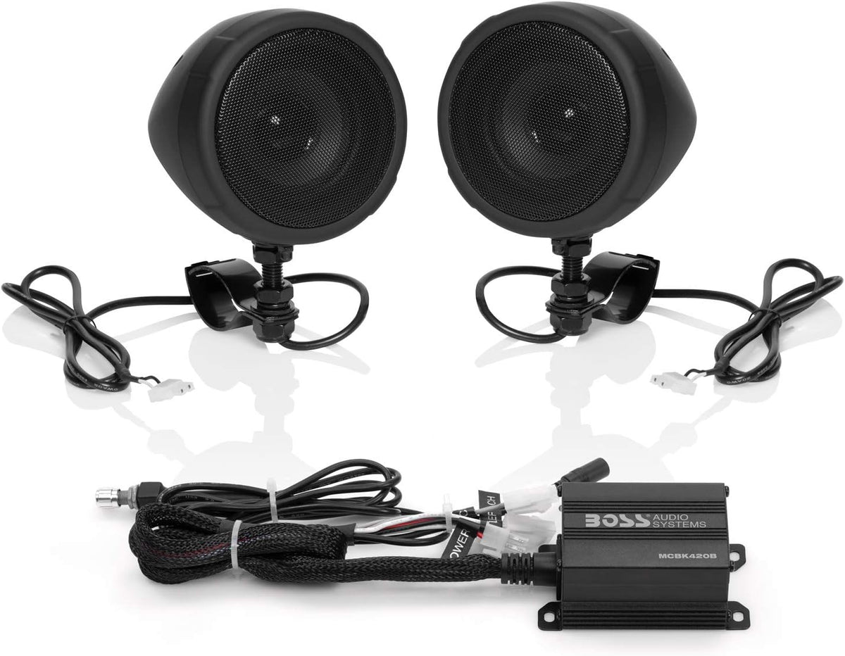 BOSS Audio Systems MCBK420B 3 Inch Motorcycle Speakers and 2 Channel Amplifier Package - Bluetooth, Weatherproof, Volume Control, ATV UTV Compatible