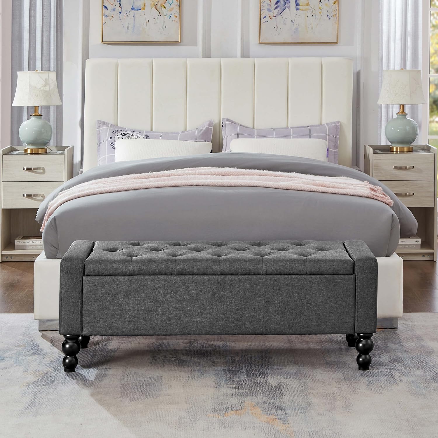 50" W Storage Ottoman Bench with Safety Hinge, Load up to 660 lb Ottoman with Storage, Upholstered Tufted Entryway Bench with Seating for Living Room, Bedroom, Entryway, Dark Gray