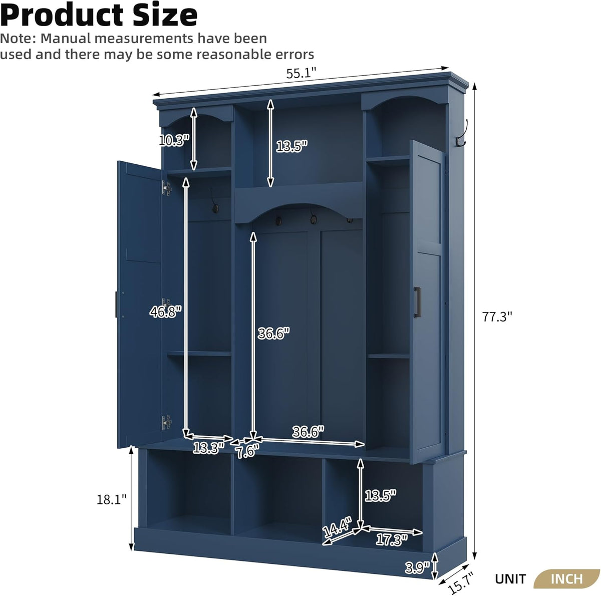 Modern Farmhouse Hall Tree with Adjustable Shelves & 7 Hooks, All-in-One Entryway Organizer, Shoe Cabinet & Storage Bench for Mudroom, Hallway, Classic Arched Design, Dual Side Cabinets (Blue Style6)